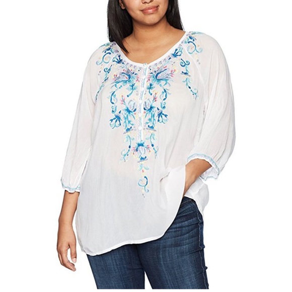 Johnny Was Tops - Johnny Was blue moon melco Pastel Floral Embroidered Blouse M